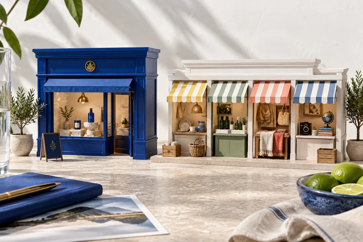 Independent brand storefront beside a marketplace