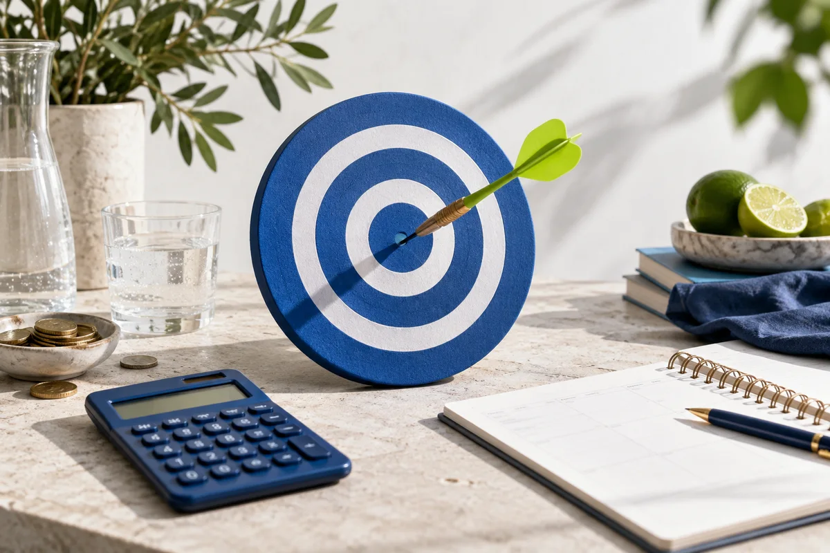 Blue target beside a calculator and budget planner
