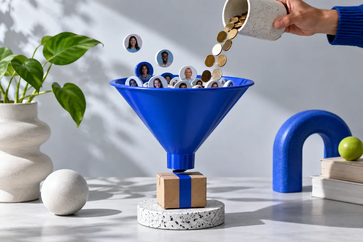 Blue marketing funnel with audience portraits and an order parcel