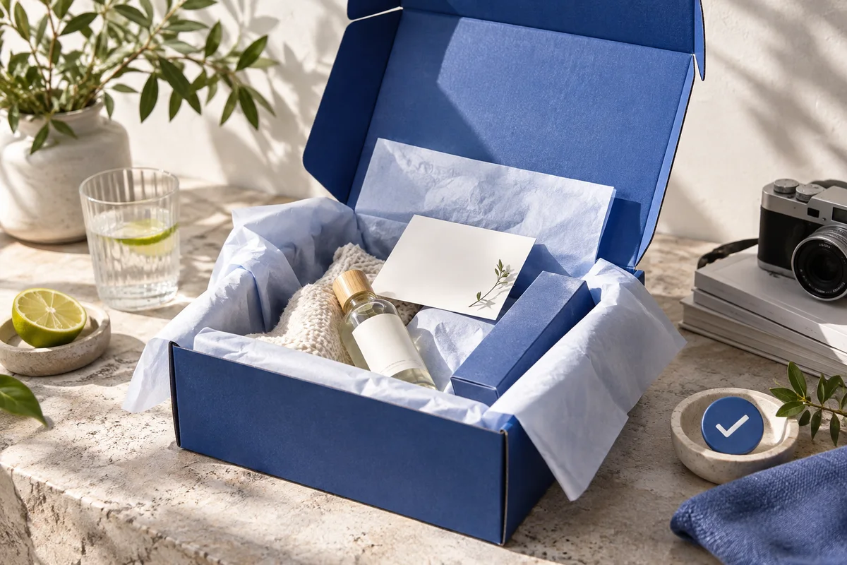 Carefully packed skincare order with tissue and a thank-you card