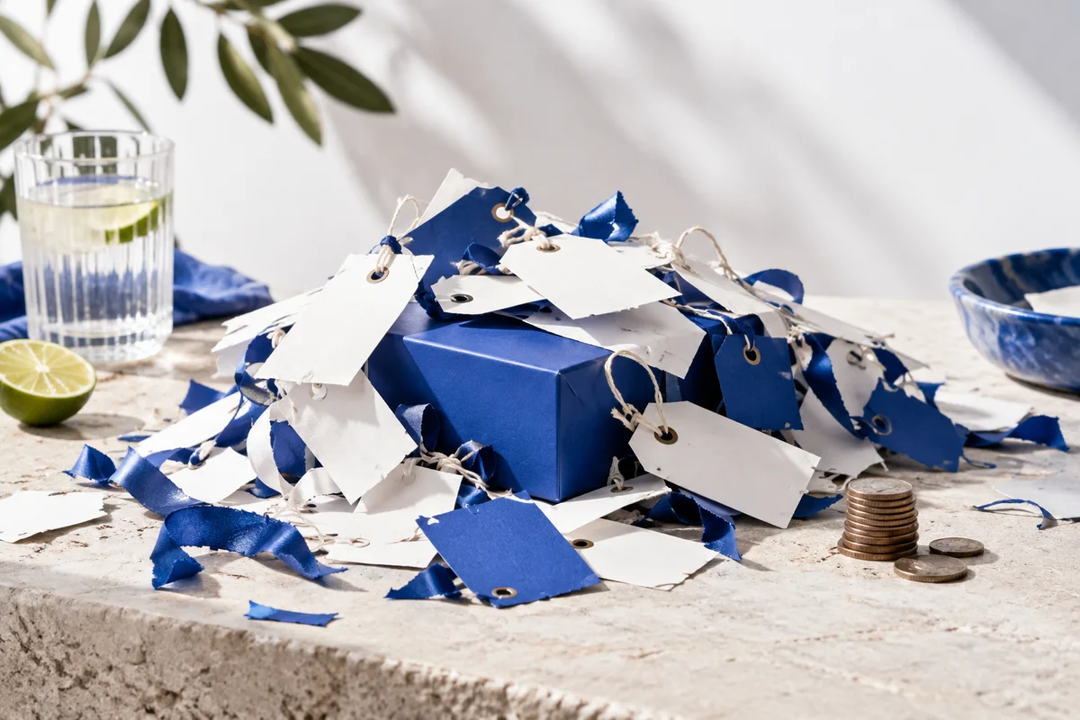 Product packaging surrounded by sale tags and a depleted coin stack
