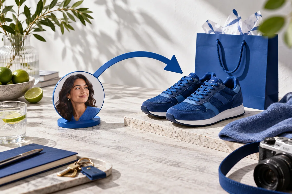 Returning shopper connected to sneakers and a shopping bag