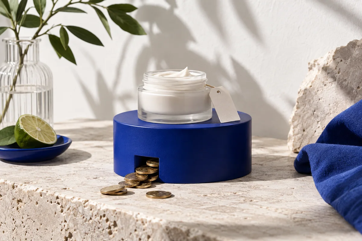 Premium skincare product with pricing and margin props