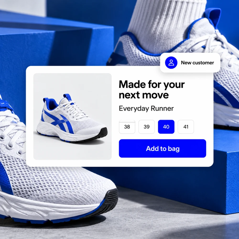 Blue and white running shoes with an ecommerce product page and add-to-bag interface