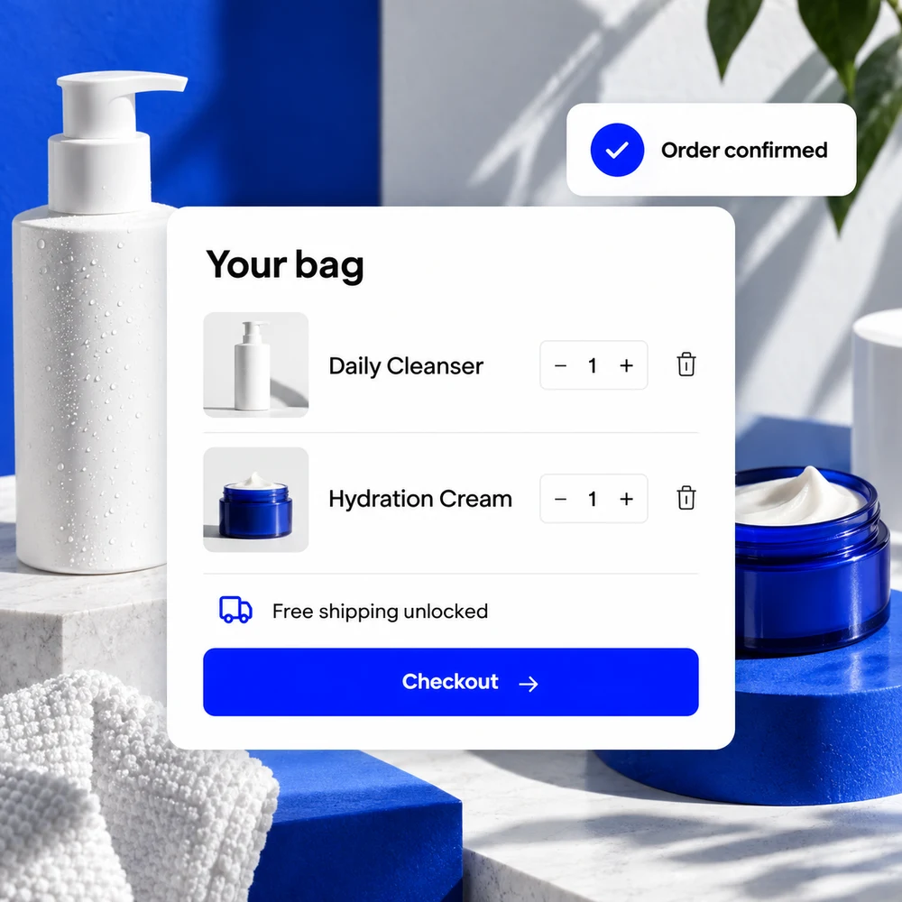 Skincare products with a shopping bag, checkout, and order confirmation interface