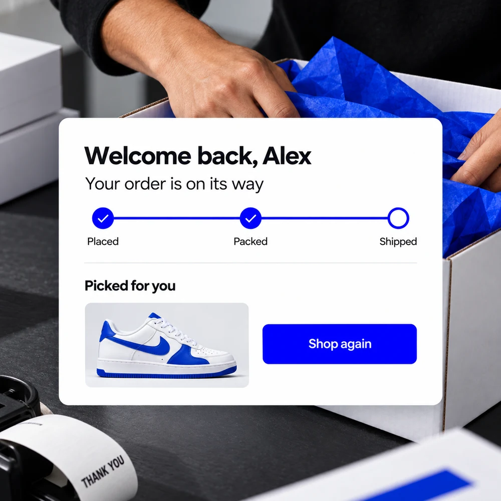 Ecommerce packaging with delivery tracking and personalized repeat-purchase recommendations