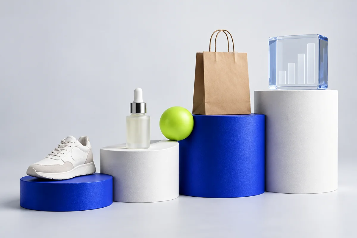 Ecommerce products arranged on four ascending blue and white platforms